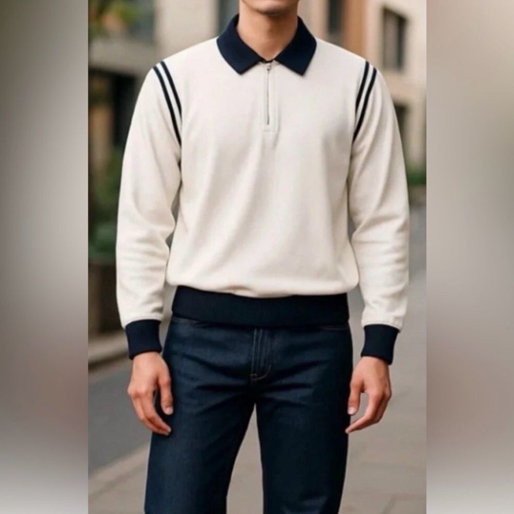 THE BOGEY BOYS | White & Navy Blue Quarter Zip Terry Pullover Men’s Size XXXL